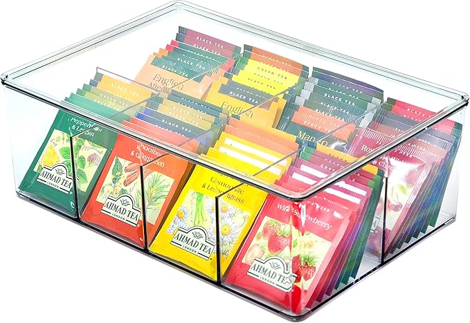Youngever Large Plastic Tea Packet Organizer with Lids, Reusable Food Packet Storage Container Divided into 8 Compartments, Tea Bags Storage Bin (11" x 7.5" x 4")