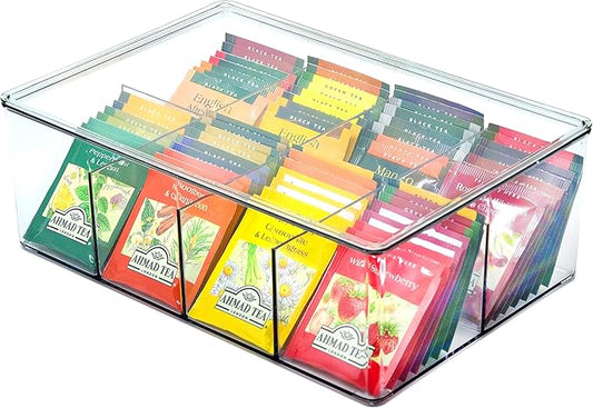 Youngever Large Plastic Tea Packet Organizer with Lids, Reusable Food Packet Storage Container Divided into 8 Compartments, Tea Bags Storage Bin (11" x 7.5" x 4")