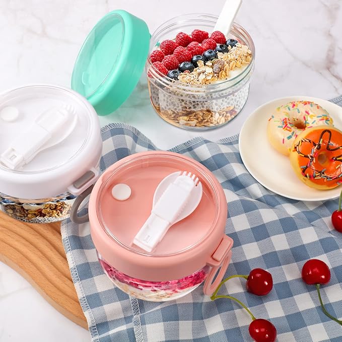 Rtteri 6 Pcs 20 oz Large Overnight Oats Containers with Lids and Spoons Plastic Yogurt Jars Leakproof Overnight Oats Jars with Lids Smoothie Containers Cups for Food Storage, 3 Colors
