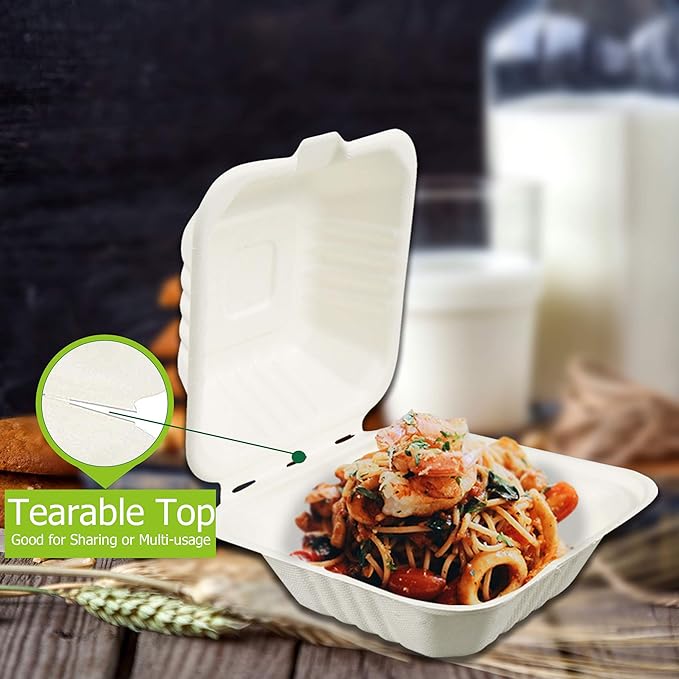 Green Earth 6-Inch, 100-Count, Compostable Clamshell, Natural Bagasse (Sugarcane Fiber), Take-Out/to-Go Food Boxes - Biodegradable Containers, Hinged Lid Microwave-Safe Gluten-Free Eco-Friendly