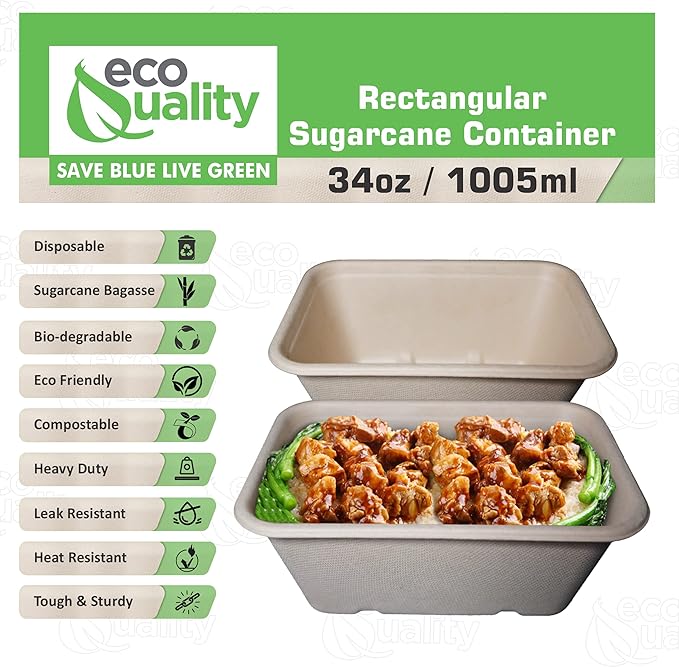 EcoQuality 34oz Disposable Bowls - Rectangular Compostable Sugarcane Fiber Biodegradable Paper Bowls Eco-Friendly Oblong Take Out Food Containers, Food Storage, Microwave Safe, Meal Prep (200 PACK)