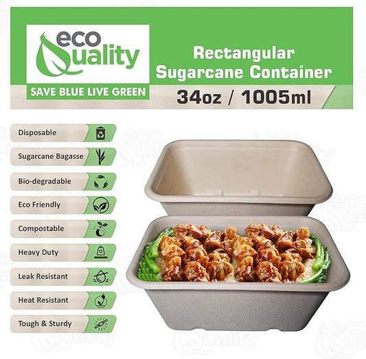 EcoQuality 34oz Disposable Bowls - Rectangular Compostable Sugarcane Fiber Biodegradable Paper Bowls Eco-Friendly Oblong Take Out Food Containers, Food Storage, Microwave Safe, Meal Prep (50 PACK)