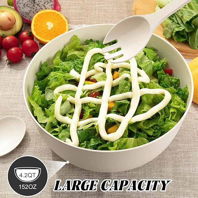 GEHE Bamboo Salad Bowl with Servers Set - Large 9.8 inches mixing bowls Solid Bamboo Salad Wooden Bowl with Bamboo Lid Spoon for Fruits,Salads and Decoration (White, 9.8INCH)