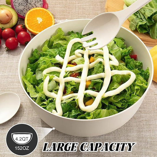 GEHE Bamboo Salad Bowl with Servers Set - Large 9.8 inches mixing bowls Solid Bamboo Salad Wooden Bowl with Bamboo Lid Spoon for Fruits,Salads and Decoration (White, 9.8INCH)