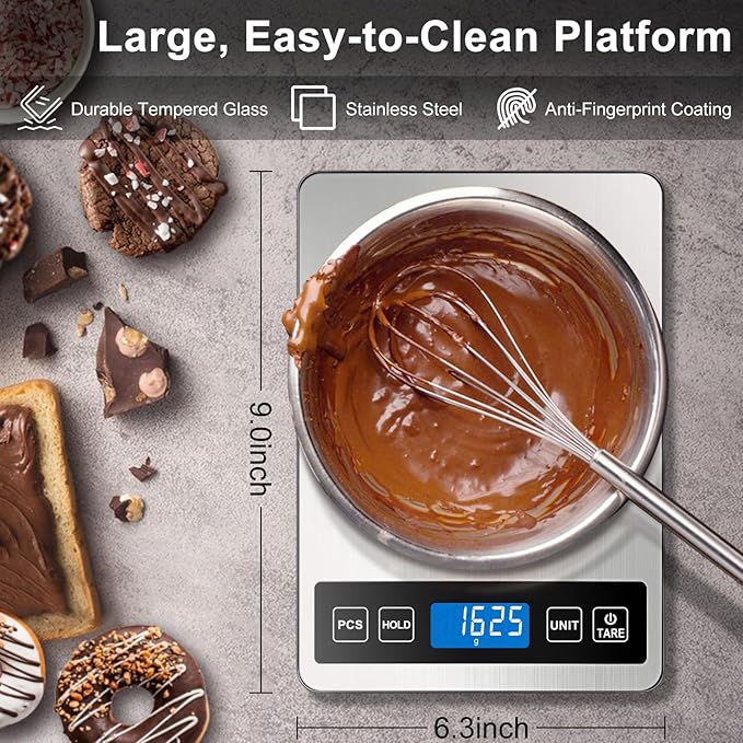 Fuzion Food Scale, 1g/0.1oz Digital Kitchen Scale - 22lb, 7 Units, Tare & PCS, Rechargeable Power, Tempered Glass & Stainless Steel - Food Weight Scale Grams and oz for Cooking, Baking