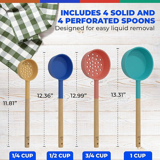Silicone Portion Control Serving Spoons - 8 Pack: 4 Slotted, 4 Solid, 2 oz, 4 oz, 6 oz, 8 oz - Essential Gastric Bypass Must Haves Spoodle Diet Food Measuring Scoop Weight Loss Surgery Utensils Cups