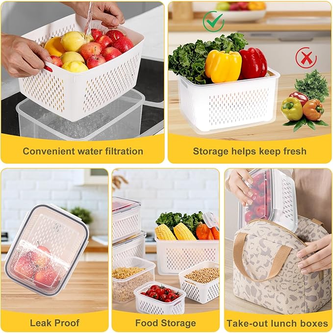 15 PCS Fruit Storage Containers for Fridge with 5 Airtight Lids,5 Removable Colander,5 Food Storage Container,Produce Saver Container Dishwasher Safe Keep Berry Fruit Vegetable Fresh Longer