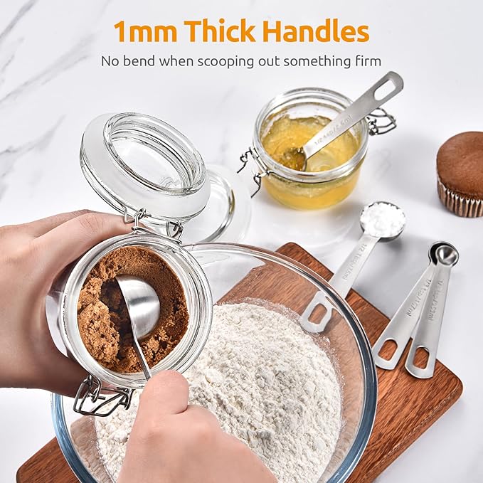 18/8 Stainless Steel Measuring Spoons Set for Dry and Liquid Ingredients (Set of 5), and 600ºF Heat Resistant Silicone Turners, 13.6in Long Solid & Slotted Kitchen Spatula (Aqua Sky)