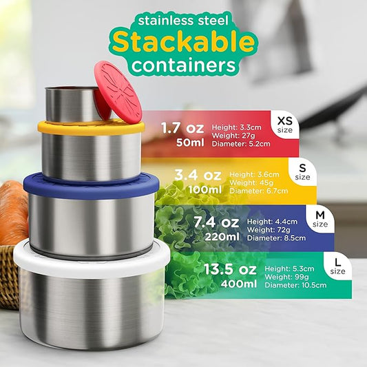 Stainless Steel Container with lids Kids Lunch Box - Set of 4 Stainless Steel Snack Containers Dip Containers For Lunches Metal Kids Lunch Box Container
