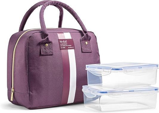 Fit & Fresh Lunch Bag For Women, Insulated Womens Lunch Bag For Work, Leak Resistant & Stain-Resistant Large Lunch Box For Women With 2 Large Containers, Zipper Closure Bloomington Bag, Plum Stripe