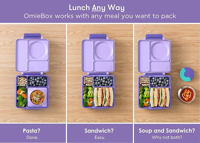 OmieBox Bento Box for Kids - Insulated Bento Lunch Box with Leak Proof Thermos Food Jar - 3 Compartments, Two Temperature Zones - (Purple Plum) (Single)
