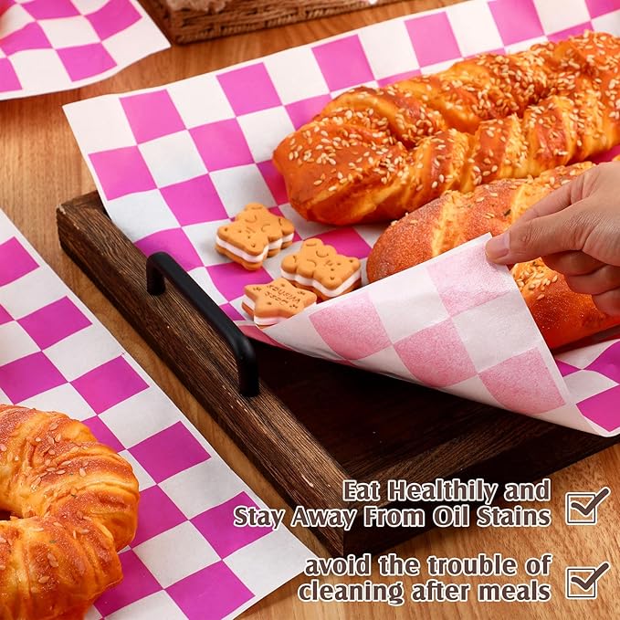 600 Pcs Sandwich Wrapping Paper Sheet 15x15 Checkered Food Wax Paper Sheets Parchment Paper Basket Liner Grease Restaurant Supplies for Wrapping Bread Burgers Food Serving (Pink)