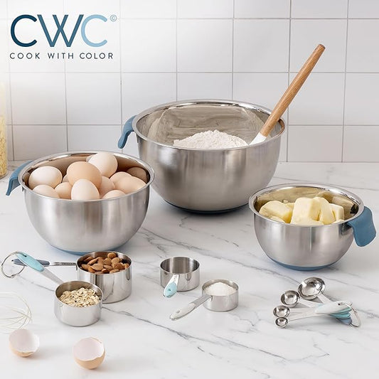 COOK WITH COLOR Stainless Steel Mixing Bowls Set and Measuring Cups- Nesting Bowls with Non-Slip Bottom and Easy-Grip Handles, Blue, 11 Pieces