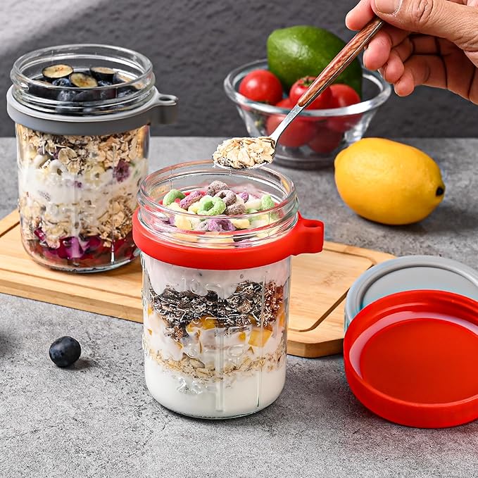 6 Pack Overnight Oats Containers with Lids and Spoons-18 Oz Overnight Oats Jars Mason Jars for Chia Pudding Cereal Fruit Vegetable Milk Salad Yogurt Meal Prep