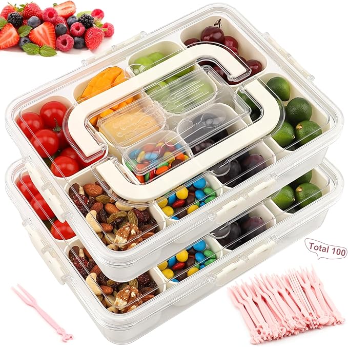 Divided Serving Tray with Lid and Handle, Portable Snackle Box with 8 Compartments & 8 Fruit Forks & 2 Spoons, Charcuterie Container for Party, Fruit, Nuts, Candy, Entertaining, Picnic, 2 Pack