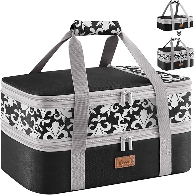 Lifewit Expandable Insulated Casserole Carrier for Hot or Cold Food, Double Decker Food Bag Lasagna Holder Carry Tote for Potluck Parties/Picnic/Cookouts, Fits 9"x13" Baking Dish, Black-Flowers