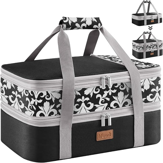 Lifewit Expandable Insulated Casserole Carrier for Hot or Cold Food, Double Decker Food Bag Lasagna Holder Carry Tote for Potluck Parties/Picnic/Cookouts, Fits 9"x13" Baking Dish, Black-Flowers