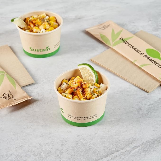 Restaurantware-Sustain 4 Ounce Paper Soup Containers, 50 Disposable Ice Cream Cups - Lids Sold Separately, With PLA lining, Bamboo To Go Hot Soup Bowls, Compostable, Greaseproof