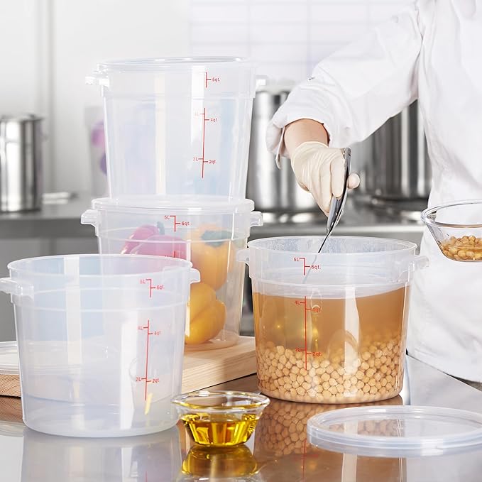 CURTA 6 Quart Translucent Round Food Storage Container with Lid, Pack of 4 – NSF Listed, BPA-Free, Commercial-Grade Polypropylene, Freezer & Dishwasher Safe, Non-Stick, Easy-Read Graduations