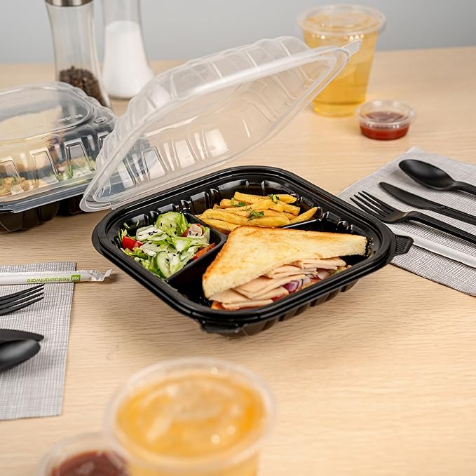 Restaurantware Thermo Tek 34 Ounce Clamshell Containers, 100 Disposable Take Out Boxes - 3 Compartments, Ventilated Lids, Black Plastic Meal Prep Containers, Microwavable, For Pasta Or Salads