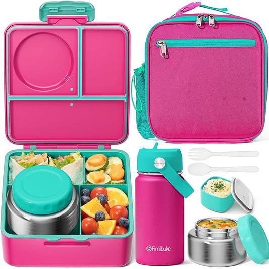 Fimibuke Bento Box for Kids Adult - Leakproof 3-4 Compartments Lunch Bento Box Set with Insulated Thermos Food Jar, Water Bottle, Lunch Bag, Sauce Cup & Cutlery for Toddler Teen Shcool Girl Boy Age 3+