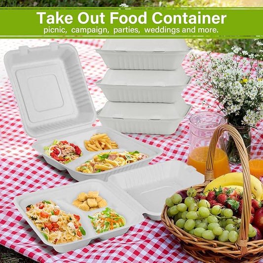 9x9 Clamshell Food Containers, 100 Pack Disposable Take Out Food Container With 3 Compartments, Compostable To Go Boxes, Eco Friendly To Go Containers With White Bagasse