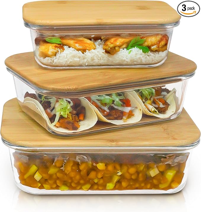 3 Pcs Glass Food Storage Containers with Bamboo Cutting Board and Airtight Lid, Ideal for Preparing and Storing Meals, Food, Fruits, Salad and more Ingredients (22oz, 35oz and 51oz)