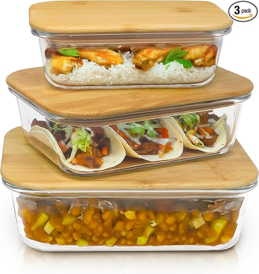 3 Pcs Glass Food Storage Containers with Bamboo Cutting Board and Airtight Lid, Ideal for Preparing and Storing Meals, Food, Fruits, Salad and more Ingredients (22oz, 35oz and 51oz)