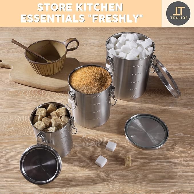 Compact Stainless Steel 100% Airtight Canisters Sets for Small Kitchens | Metal Food Storage Containers with Lids Sealed - Keep Flour, Sugar, Coffee, Tea Fresh for Months (18+35+56 fl oz)