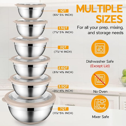 Mixing Bowls with Lids Set of 6 Large Metal Nesting Mixing Bowls Stainless Steel Non-Slip Salad Bowl Khaki – Size 1, 1.5, 2, 2.6, 3.5, 7QT