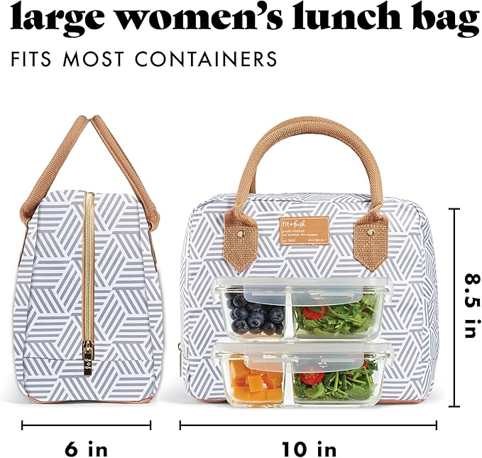 Fit & Fresh Lunch Bag For Women, Insulated Womens Lunch Bag For Work, Leakproof & Stain-Resistant Large Lunch Box For Women With Containers, Zipper Closure Bloomington Bag, Gray Seaport