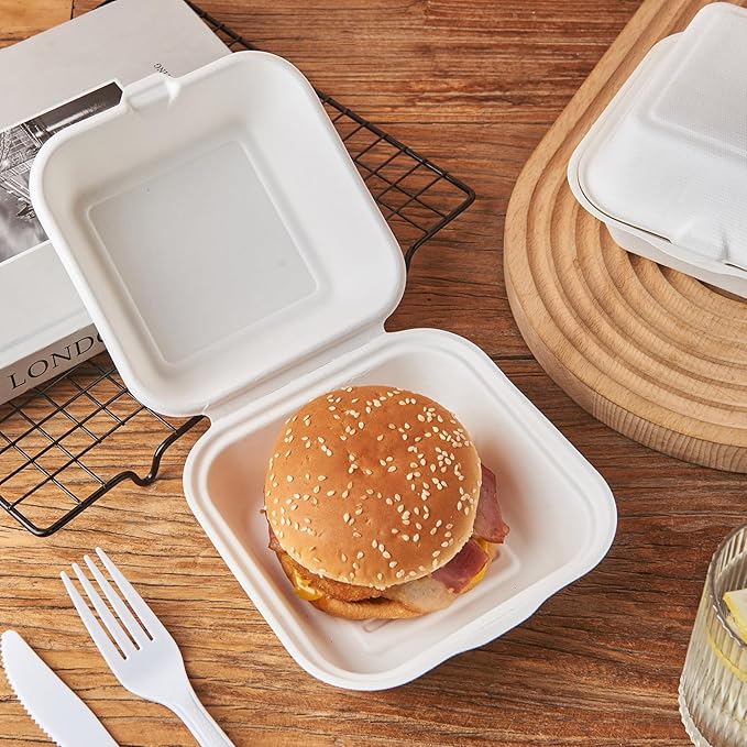 [6X6 1-Compartment 100-Pack Bio Natural Clamshell Take Out Food Containers with Lids, Disposable Bagasse Togo Plates, Eco-Friendly Biodegradable Made of Sugar Cane Fibers