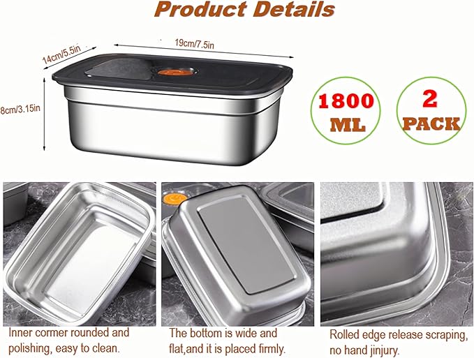 18/8 Stainless Steel Food Storage Containers with Lids Airtight, Stackable Meal Prep Containers for Freezer/Oven/Dishwasher Safe,Set of 2,1800ML