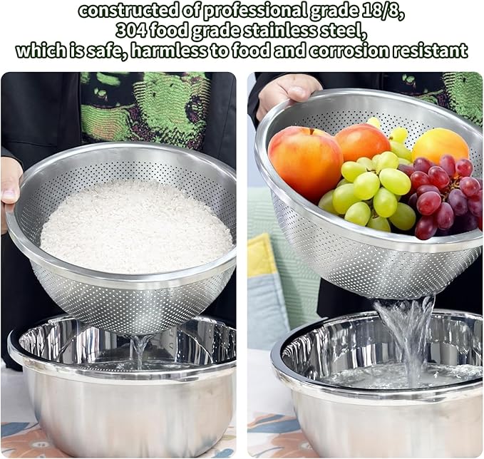 salad-bowls,5PCS Meal Prep Stainless Steel Mixing Bowls Set, and Kitchen Food Storage Organizers | Ecofriendly, Cooking and Storage Nesting Dough, Kitchen Stainless Steel Microporous Colander