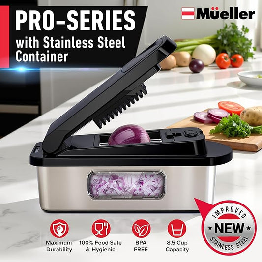 Mueller Pro-Series 10-in-1, 8 Blade Stainless Steel Multi Vegetable Chopper And Mandoline Slicer, Kitchen Tools and Gadgets, Food and Veggie Chopper, Mincer, Dicer, French Fry Cutter, Black