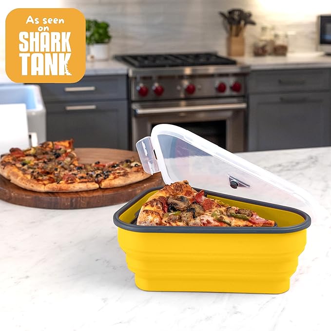 PIZZA PACK The Perfect Reusable Pizza Storage Container with 5 Microwavable Serving Trays - BPA-Free Adjustable Pizza Slice Container to Organize & Save Space, 4 Pack, Yellow