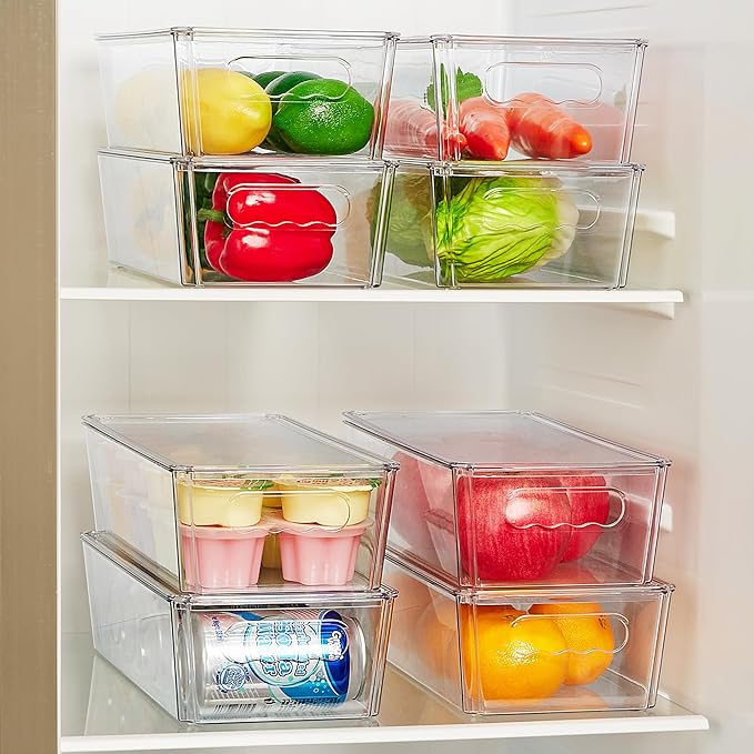 Vtopmart 12pcs Clear Organizers and Storage Bins with Lids, Stackable Plastic Storage Containers with Handles for Fridge, Freezer, Pantry, Cabinet, Kitchen Organization