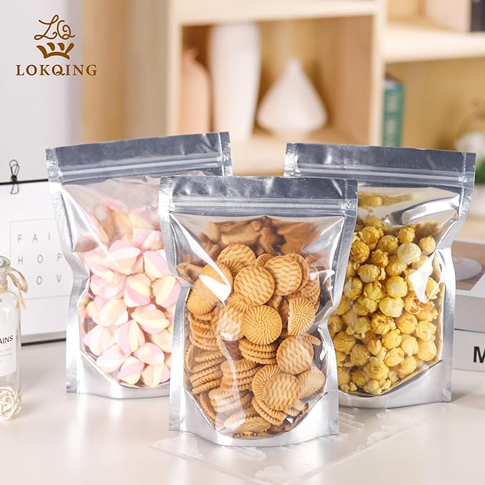 100 PACK Mylar Bags for Food Storage and Resealable Bags for Small Business Packaging Supplies Great for Party Favor Food Storage Bags (Silver,6x9Inches)