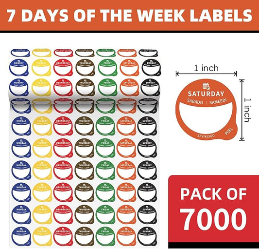7000 PCS Day of The Week Stickers,Food Labels Stickers, Writable and Removable Day Label Peel Tab for Containers Bottles Food Bags, Home Kitchen Restaurant Supplies for Inventory Management (7000)