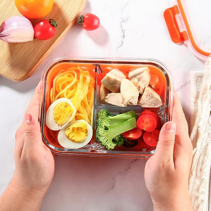5 Pack Glass Meal Prep Containers 3 Compartment with Lids, Divided Glass Storage Containers with Silicone Sleeve for Lunch, Leak-Proof Portion Control Food Containers, Dishwasher Safe, 34 oz