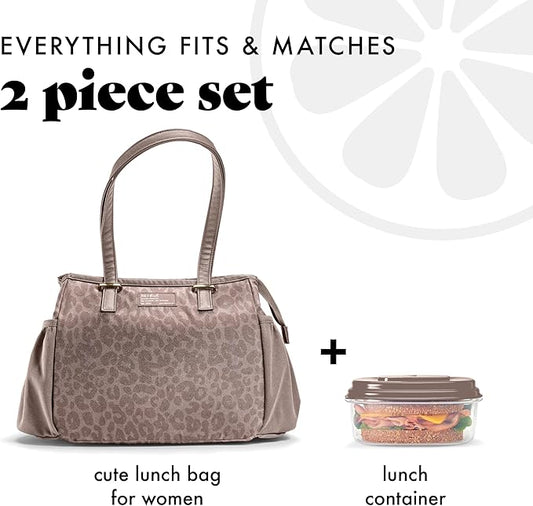 Fit & Fresh Lunch Bag For Women, Insulated Womens Lunch Bag For Work, Stain-Resistant, Lightweight, Large Lunch Box For Women With Lunch Container, Zipper, Copley Lunch Kit, Mocha Feline Fine