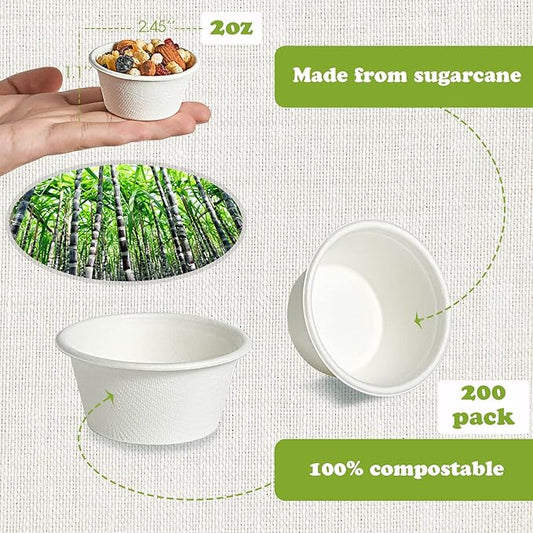 ECOLipak 200 Pack 2 oz Compostable Portion Cups, 100% Biodegradable Souffle Cups, Disposable Paper Cups for Condiment Samples