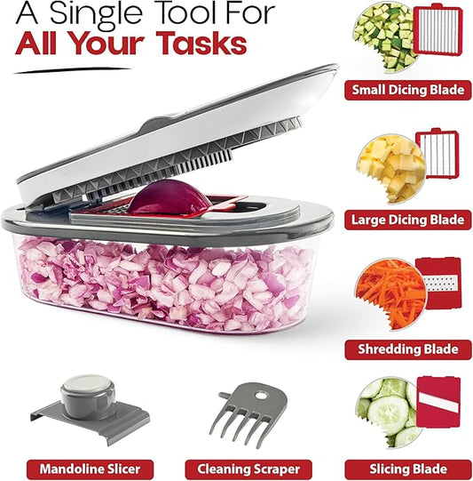 Vegetable Chopper and Mandoline Slicer for Kitchen with 4 Blades, Scraper and Container, ALL in 1 Sharp Veggie Chopper Vegetable Cutter, French Fry Cutter, Onion, Fruit, Salad, Potato