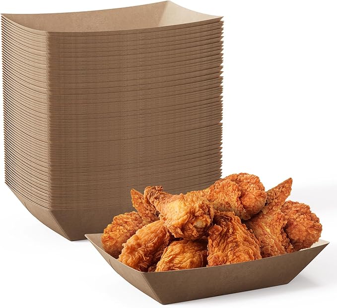 JOLLY CHEF 2lb Paper Food Trays, 100 Pack Disposable Paper Boat, Kraft Serving Boats, Food Holder Trays for Snacks French Fries Nachos Hot Dog Tacos BBQ Party