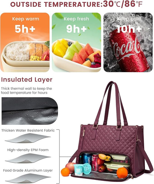 LOVEVOOK Lunch Tote Bag for Women, 15.6 Inch Laptop Bag with Insulated Lunch Compartment, Quilted Large Capacity Computer Handbag with Purse for Business, Work, Nurse, Collage, Office, Casual, Wine