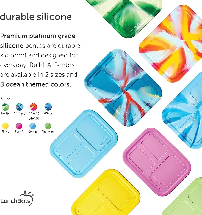 LunchBots Build -a- Bento Lunch Box, Silicone Bento Box for Kids, Multi-Compartment Lunch Container, Oven & Dishwasher Safe, BPA Free, 32 oz - Tie Dye Light Blue