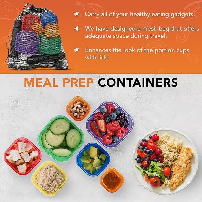 21 Day Portion Control Containers for Weight Loss with Booklet Guide - BPA Free Color-Coded Portion Control Containers, Body Measuring Tape, Cordless Jump Rope & Storage Bag