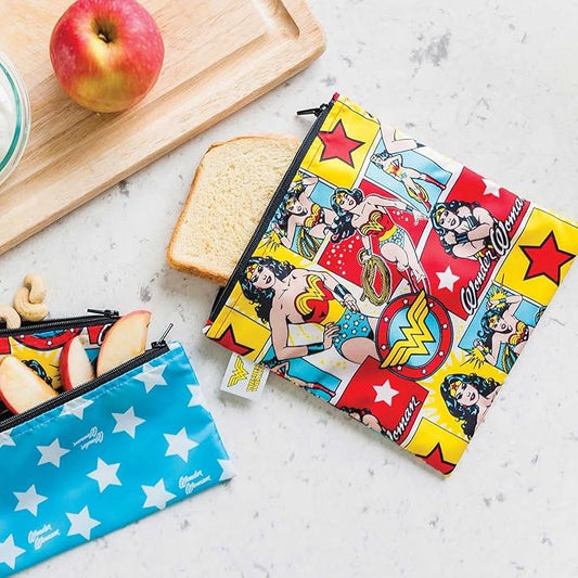 Bumkins Reusable Sandwich and Snack Bags, for Kids School Lunch and for Adults Portion, Washable Fabric, Waterproof Cloth Zip Bag, Travel Pouch, Food-Safe Storage, Large, DC Comics Wonder Woman