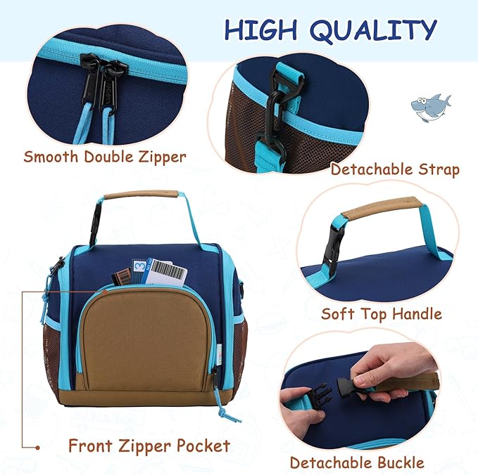 VASCHY Lunch Bag for Kids, Boys Cute Reusable Insulated Large Lunch Box Container for Daycare School Kindergarten Preschool Brown Navy