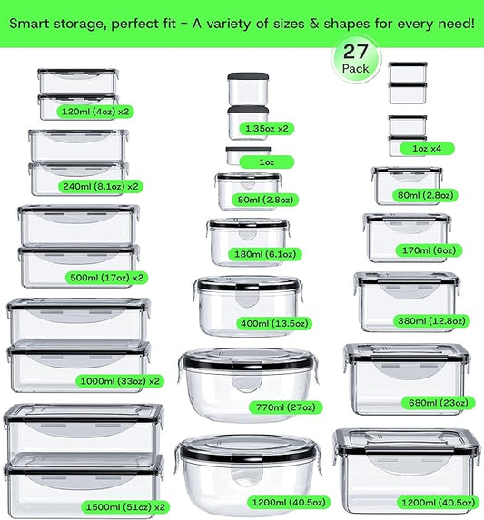 54 Pcs Food Storage Containers with Lids Airtight, (27 Containers &27 Lids) Reusable BPA-Free Plastic Food Containers for Kitchen Organization, Leak Proof Freezer/Microwave Safe Meal Prep Lunch Boxes